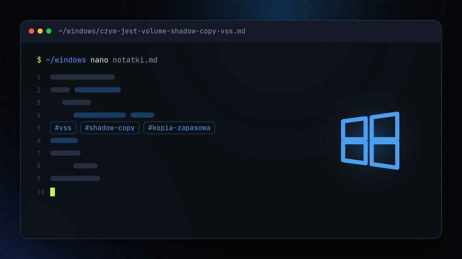 Ilustracja do artykułu „Volume Shadow Copy (VSS) — czym jest usługa kopiowania woluminów w tle w Windows” — okno edytora z ikoną działu Windows i Active Directory