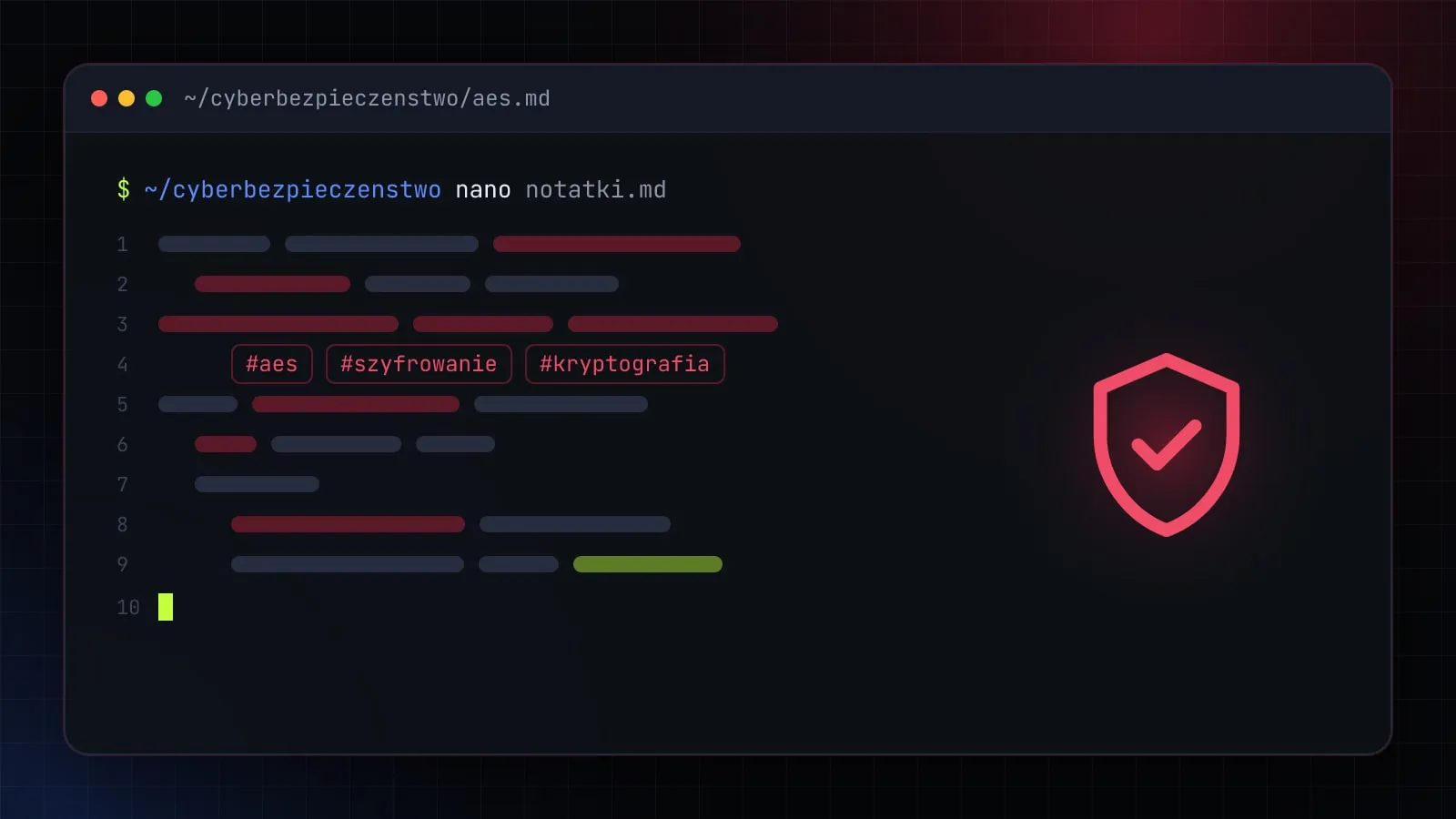 Ilustracja do artykułu „Szyfrowanie AES: jak działa AES-128 i AES-256 i jak zaszyfrować nim pliki” — okno edytora z ikoną działu Cyberbezpieczeństwo