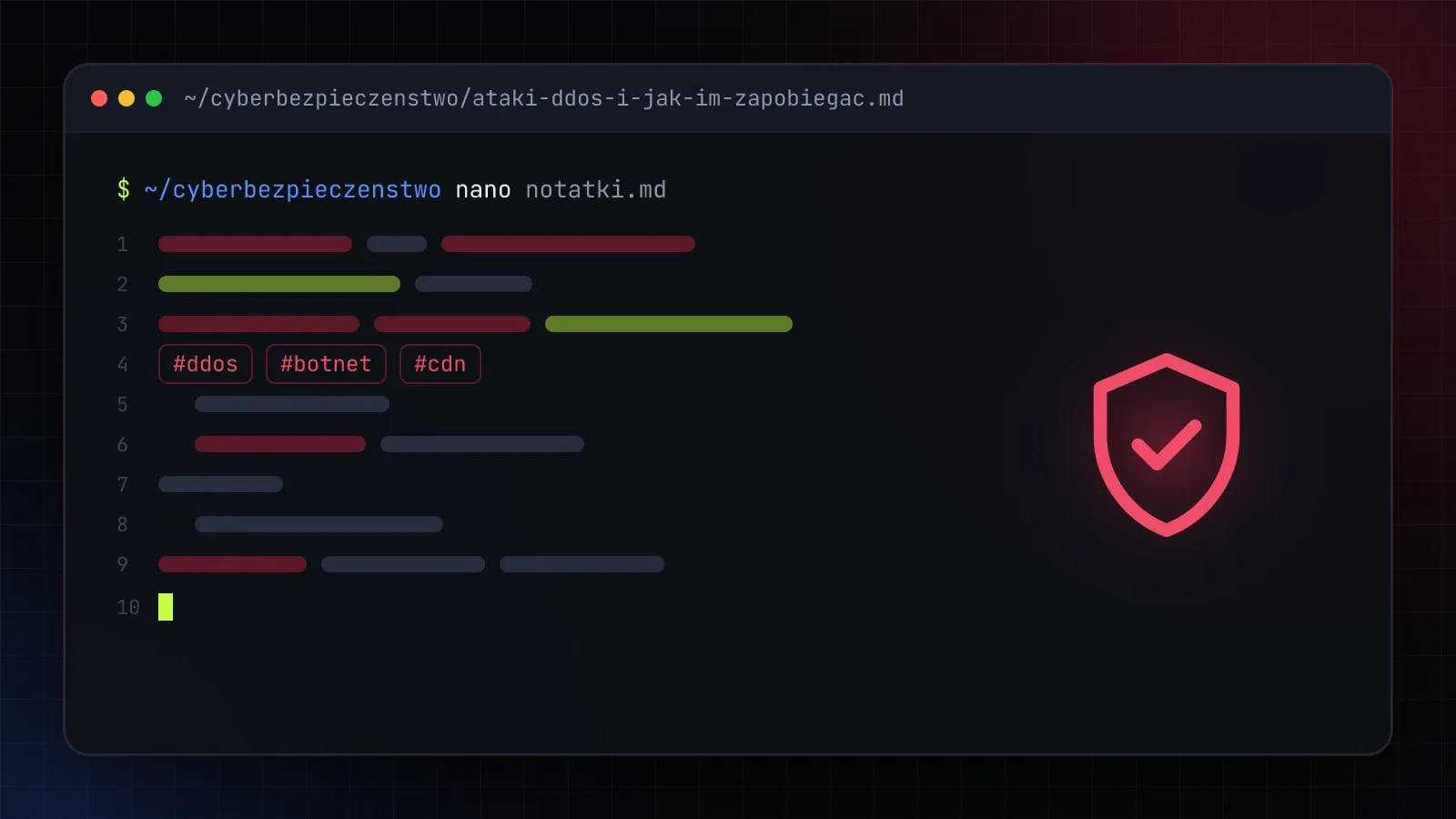 Ilustracja do artykułu „Atak DDoS — jak działa, jak go rozpoznać i jak się przed nim chronić” — okno edytora z ikoną działu Cyberbezpieczeństwo